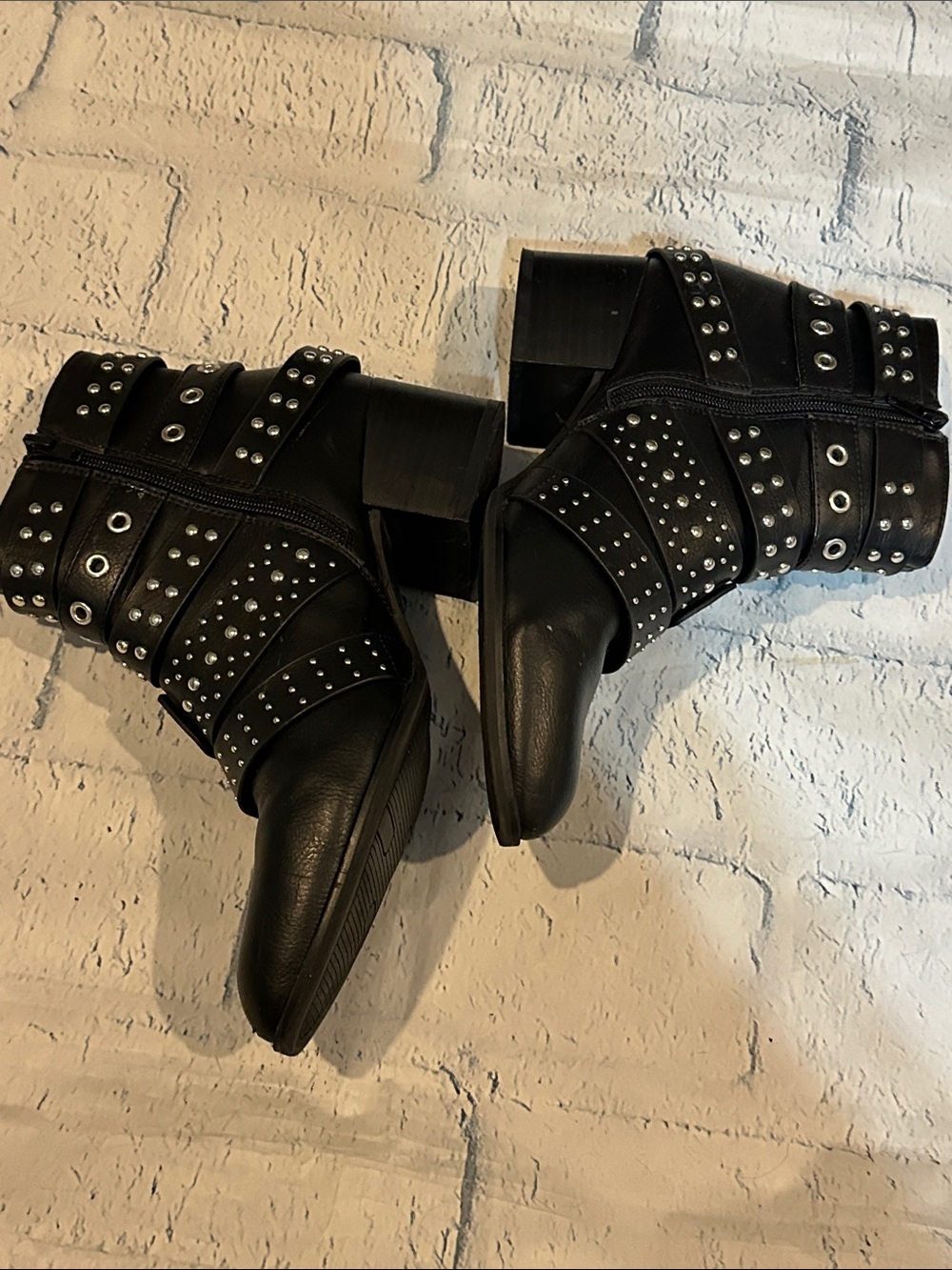 Fergalicious Studded Black Leather Ankle Boots with Buckle Straps - Picture 2 of 10